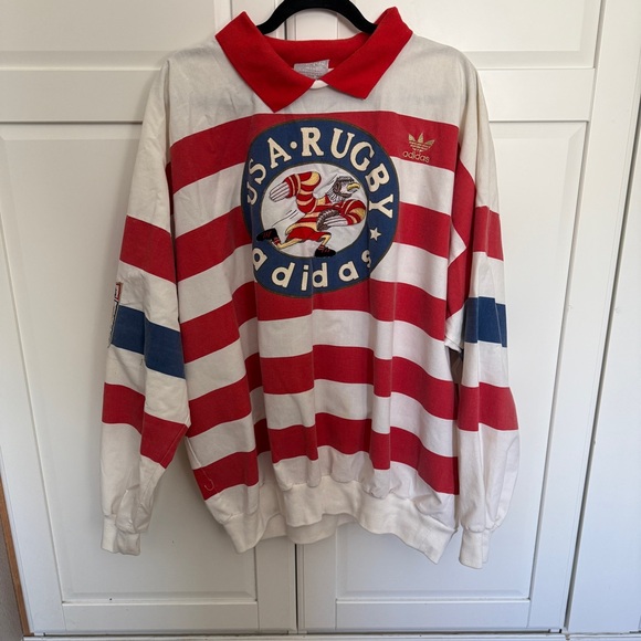Vintage 1980s Adidas Red and White Striped USA Rugby Shirt